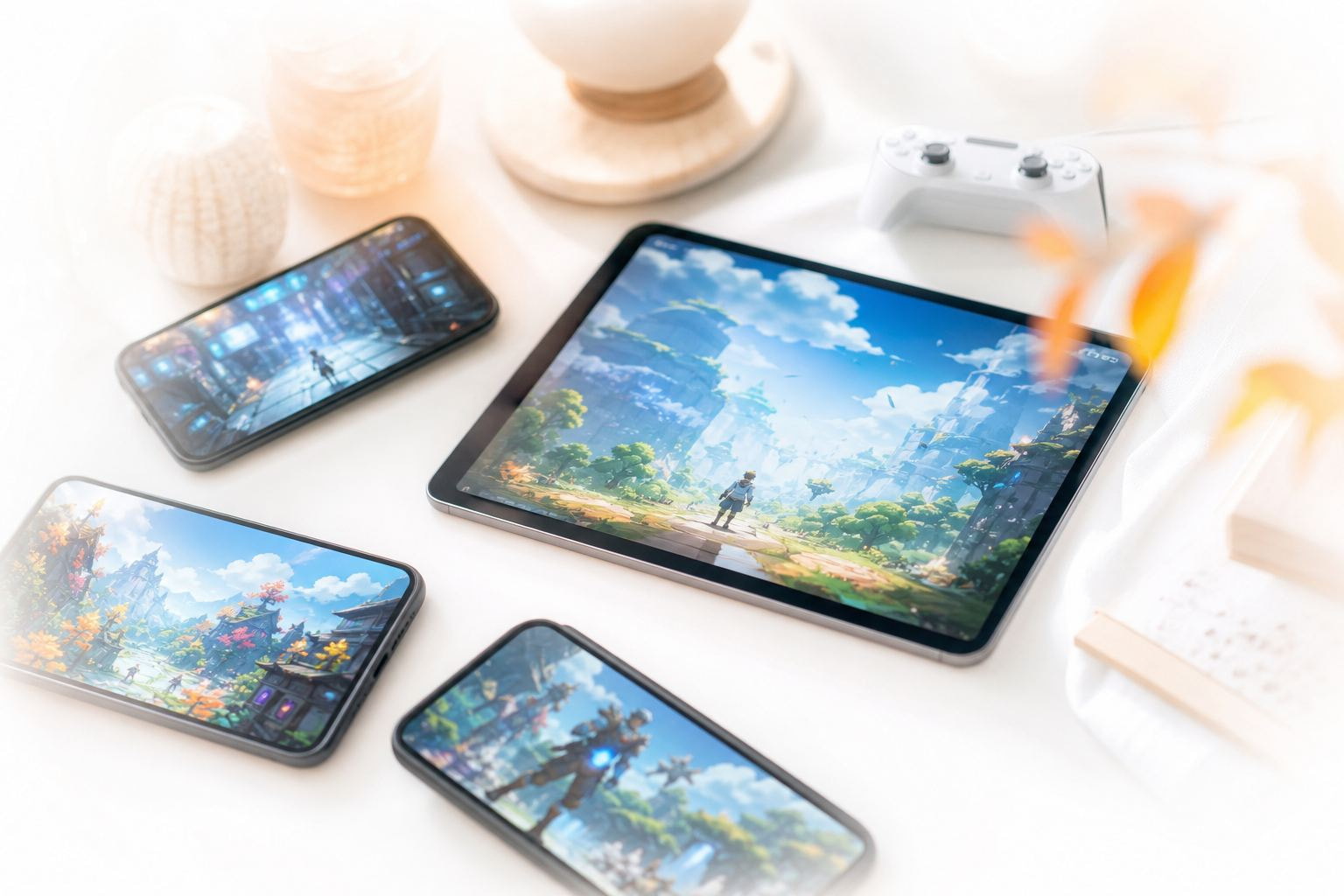 Mehrere Smartphones und ein Tablet auf hellem Untergrund, leuchten mit weichem Spielelicht