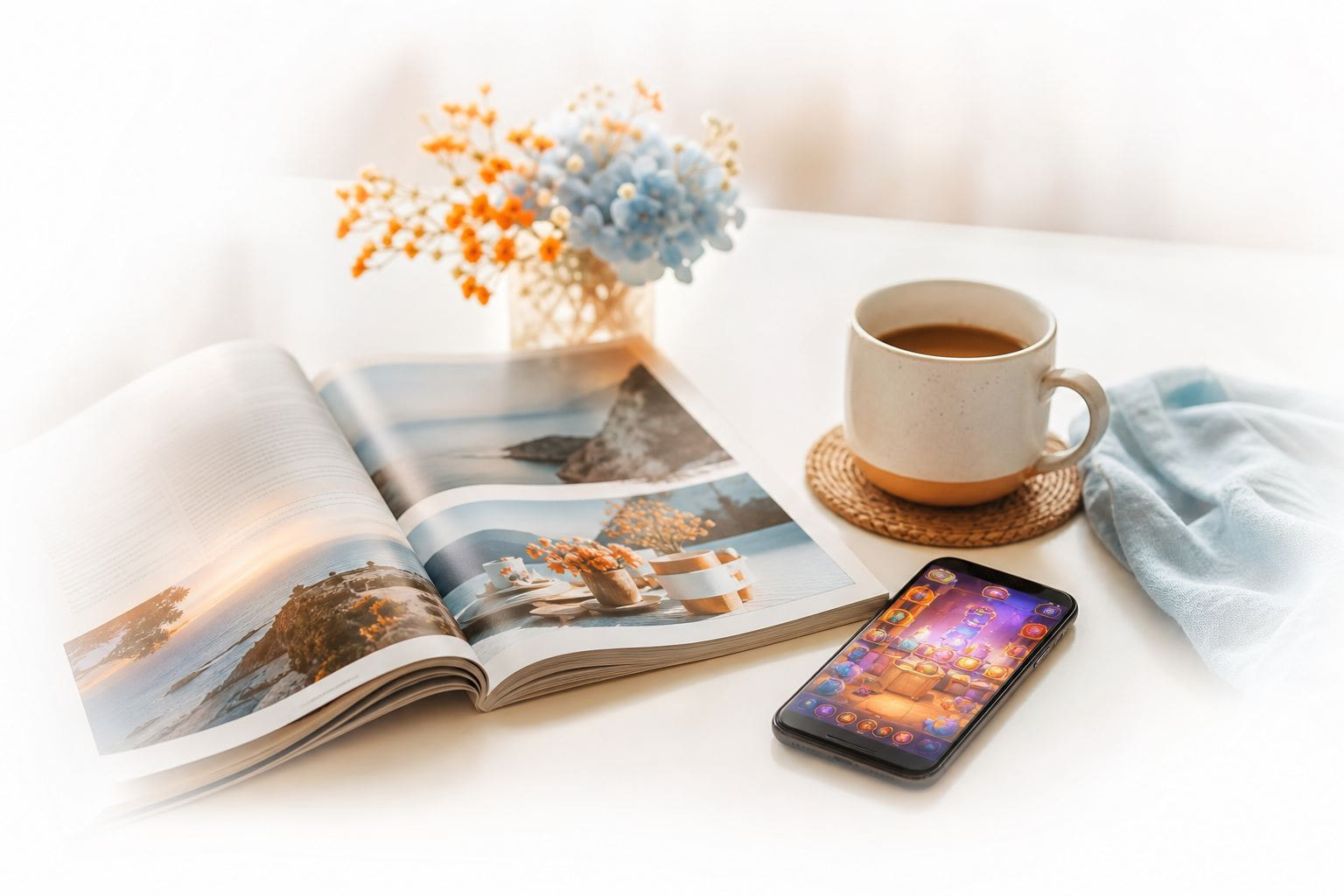 Helles, einladendes Stillleben mit aufgeschlagenem Magazin, Kaffeetasse und leuchtendem Smartphone auf weißem Tisch