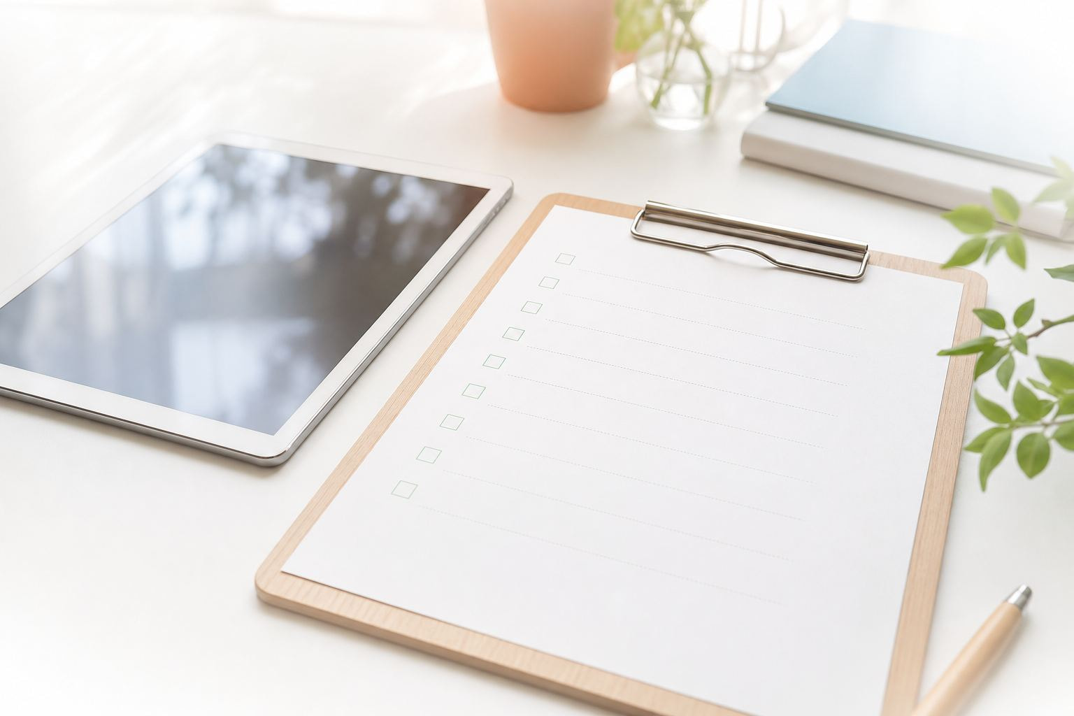 Helle Aufnahme eines Klemmbretts mit Checkliste und einem Tablet auf weißem Schreibtisch