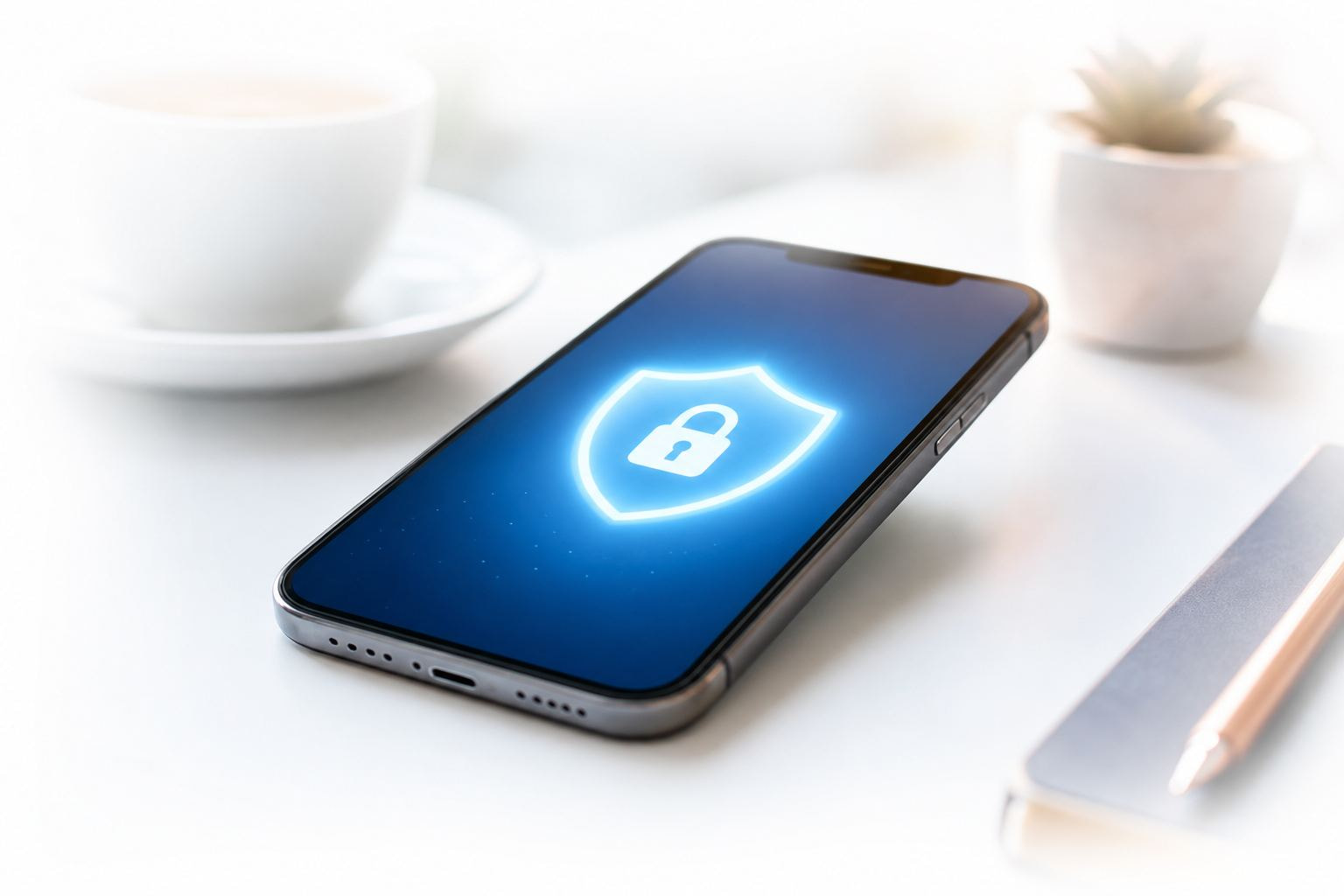 Helle Nahaufnahme eines Smartphones mit weichem blauem Schild- und Schloss-Licht auf weißem Tisch