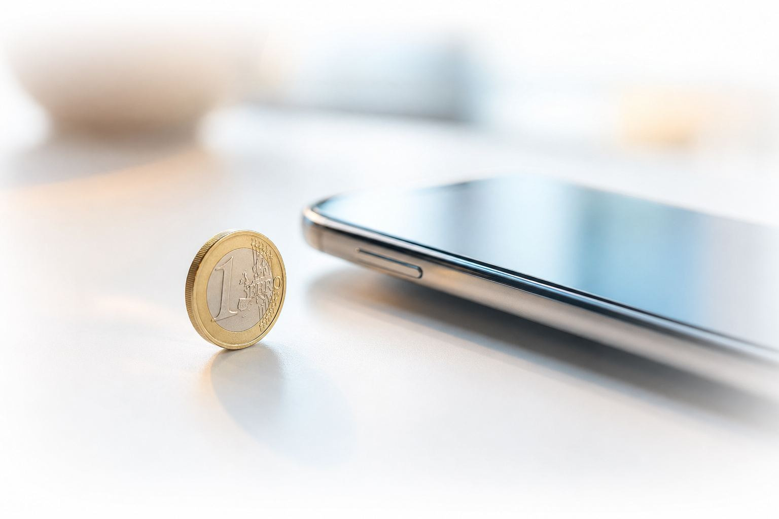 Helle minimalistische Aufnahme einer einzelnen Euro-Münze neben einem Smartphone auf weißer Fläche