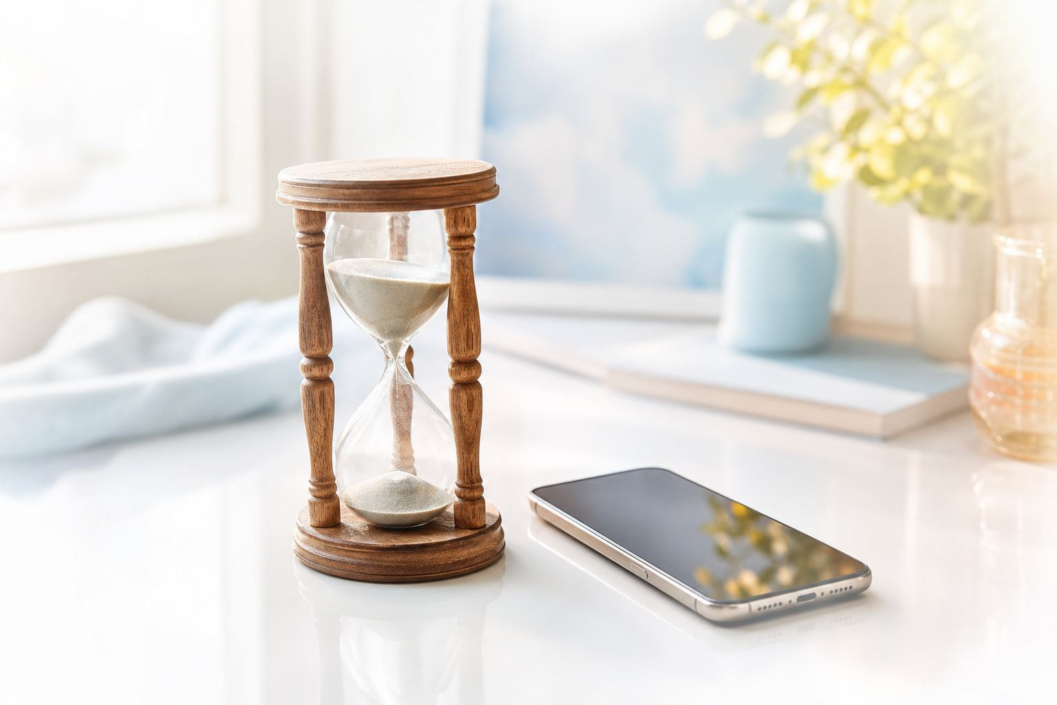 Helle minimalistische Aufnahme einer Sanduhr neben einem Smartphone auf weißem Schreibtisch