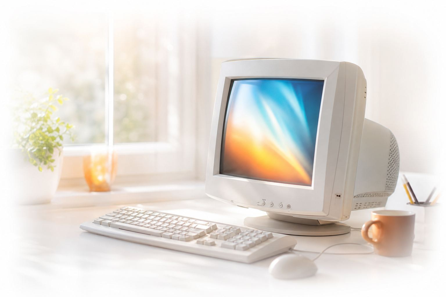 Heller Desktop-Computer auf weißem Schreibtisch an einem sonnigen Fenster