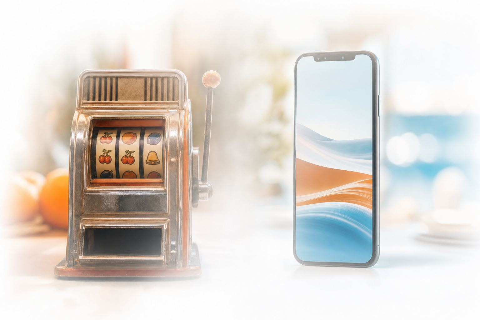 Ein mechanischer Spielautomat geht auf hellem Hintergrund in ein modernes Smartphone über